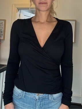 Akris Punto Black Wrap Top Modal Stretch Jersey Long Sleeve